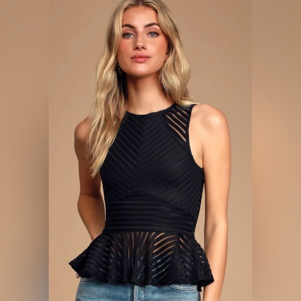 Lulus Mystique Black Mesh Striped Peplum Top Size M‎